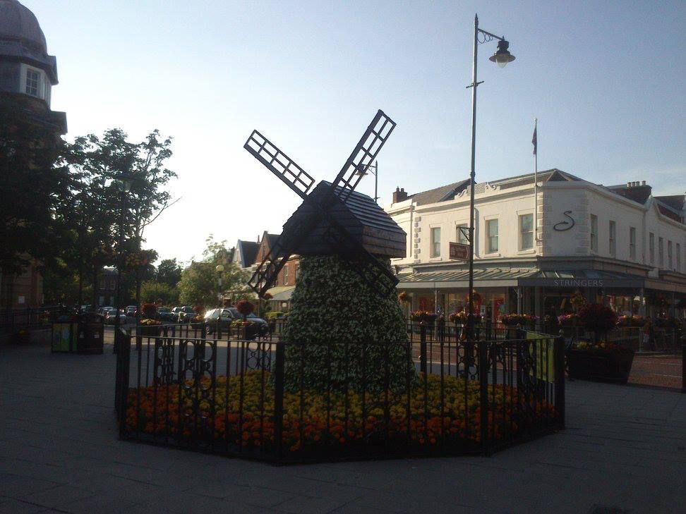 Lytham flower show in the town centre with windmill light and shade .