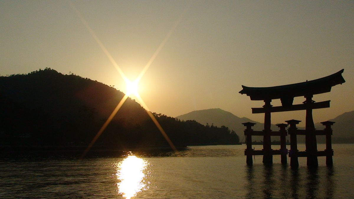 Photo in Miyajima (Japan), Sunset reflected in front of the Torii